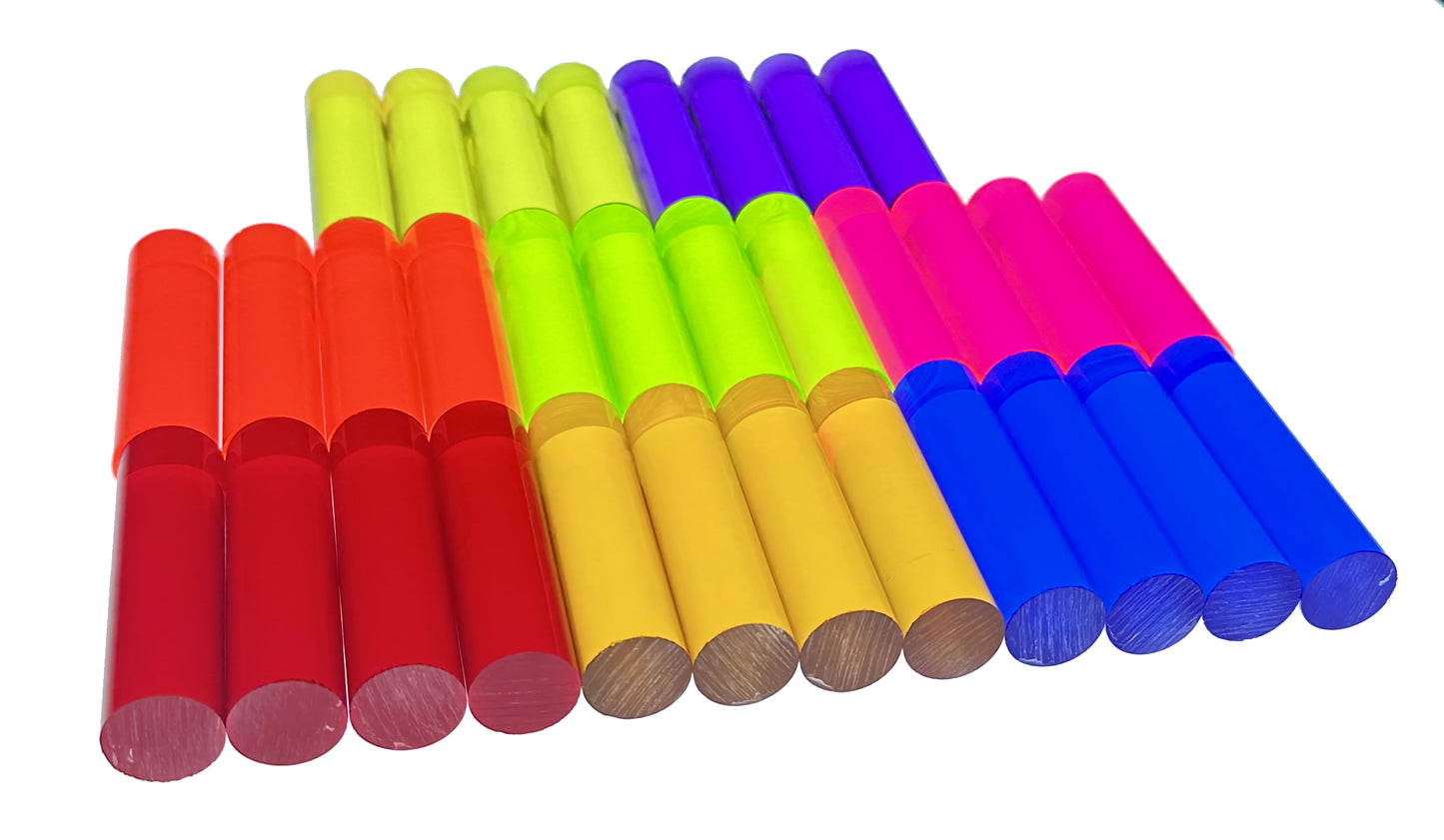 32 Pcs 8 DIFFERENT COLOR 3/4” DIAMETER CLEAR ACRYLIC ROD DOWELS PEGS